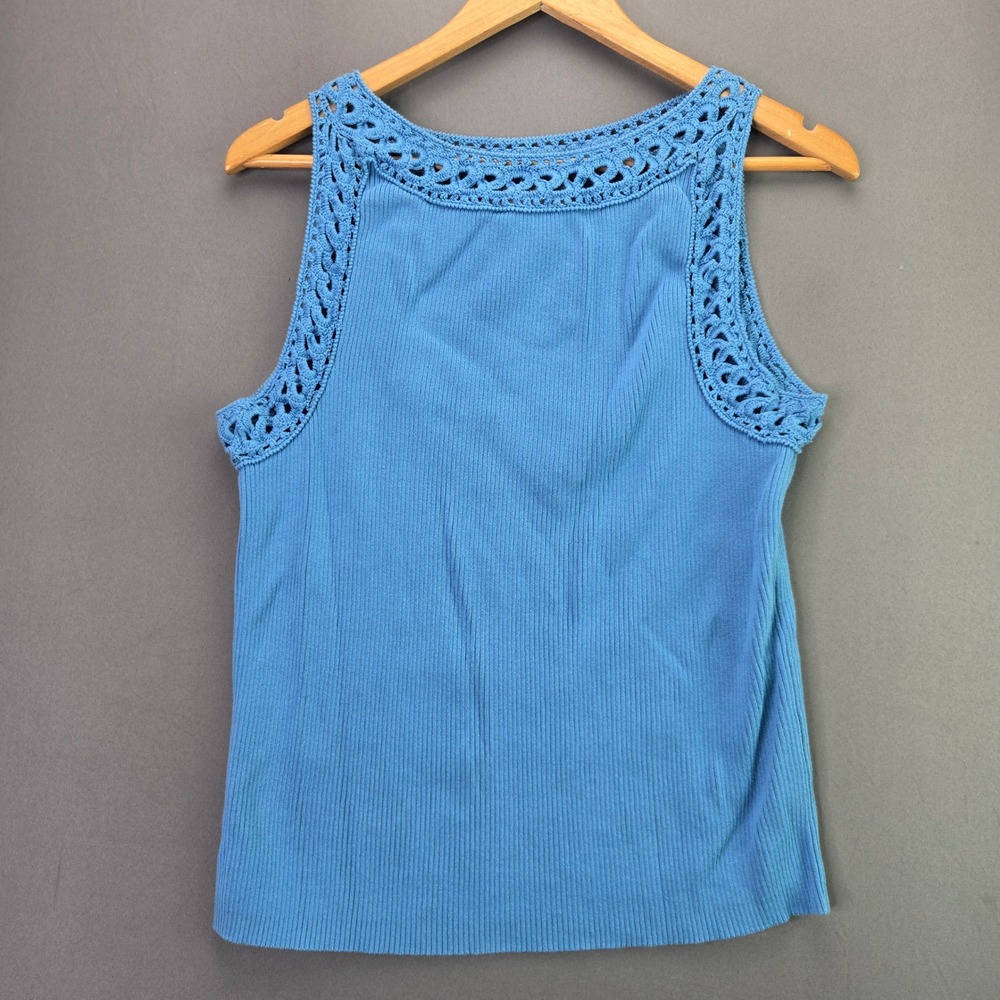 Blue Ribbed Knit Tank Top Crochet Lace Trim Sleeveless Shirt Small Casual Boho